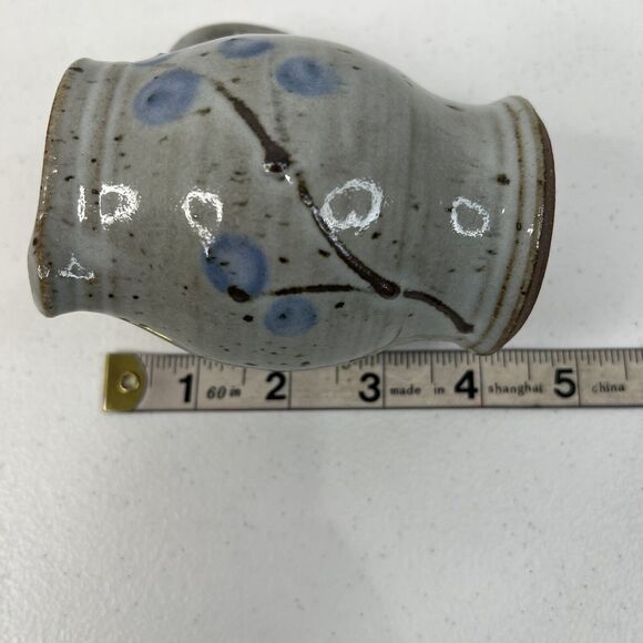 Vtg Signed Studio Art Pottery Stoneware Salt Glazed Cobalt Leaf Feather Design - Picture 9 of 10